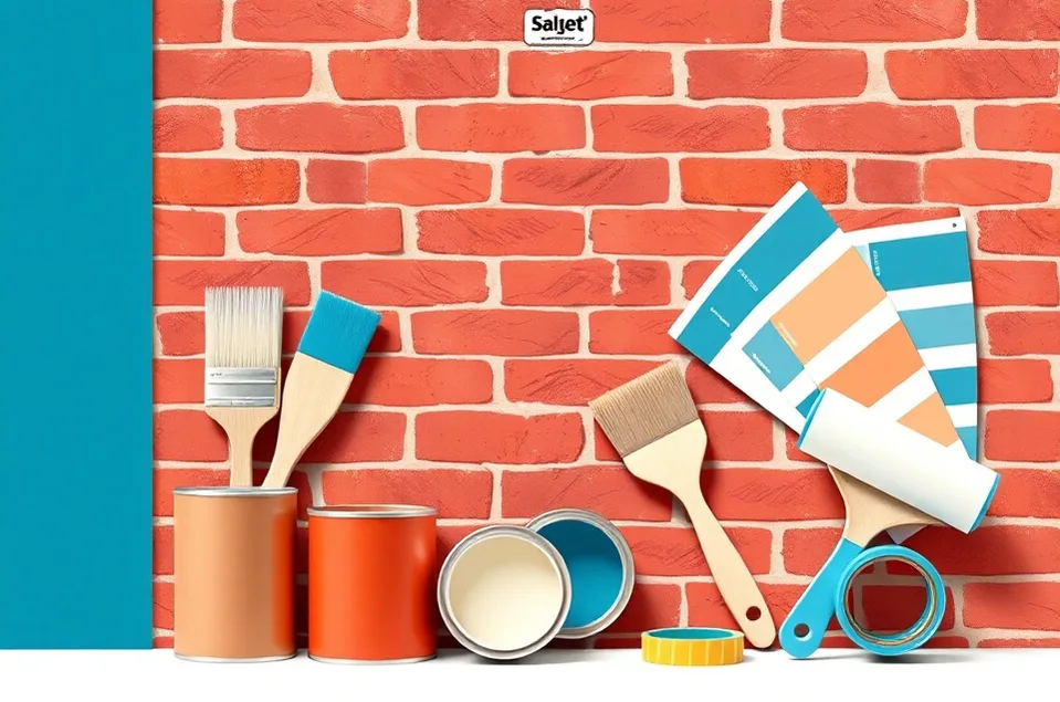 Pots de peinture, nuancier, brosses et rouleaux disposés à plat