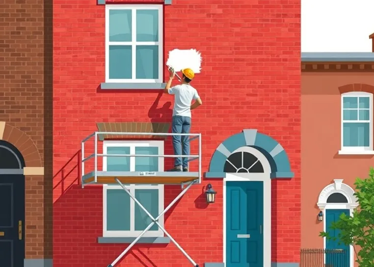 Peintre sur échafaudage traitant la façade d'une maison