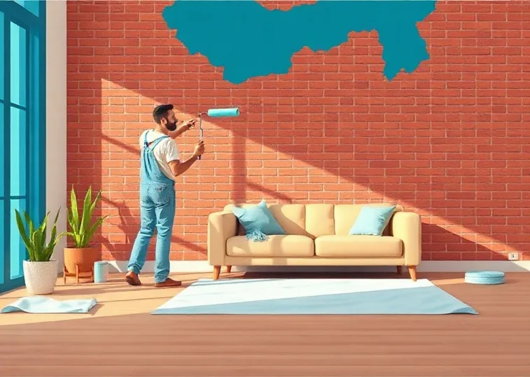 Peintre appliquant la peinture au rouleau sur un mur de salon