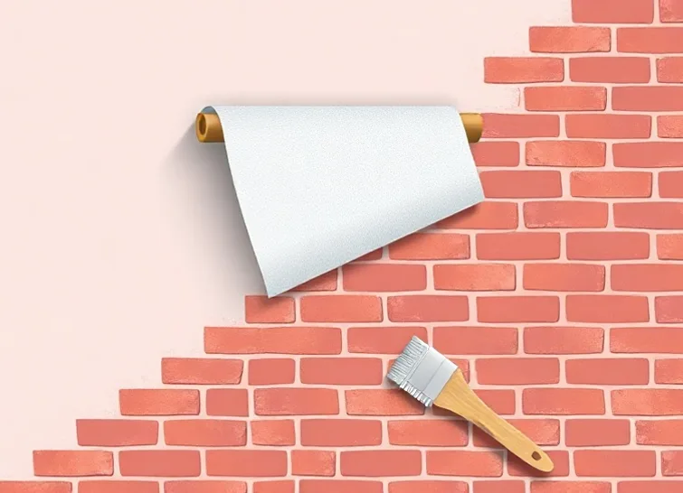 Pose de papier peint, rouleau et brosse à maroufler